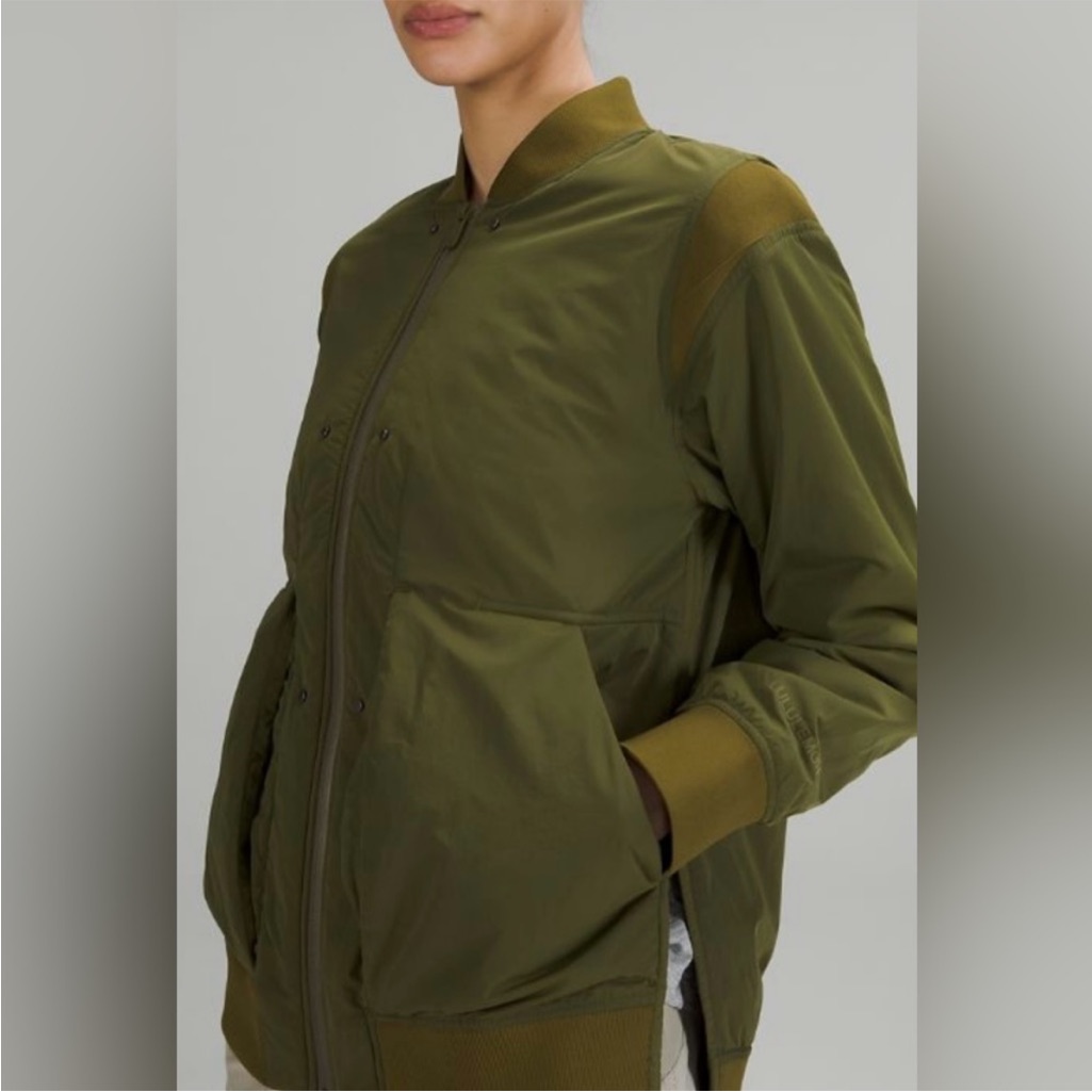 Lululemon Green Bomber Jacket Women 10 Minimalist Streetwear Functional Zip Pock